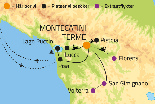 Geografisk karta ver Montecatini och Lucca.